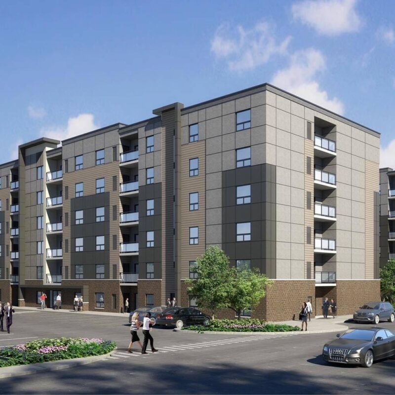 A rendering of Beachside Condominiums, two 6-story buildings with brown and beige modern exteriors with outdoor parking and trees/greenery around.