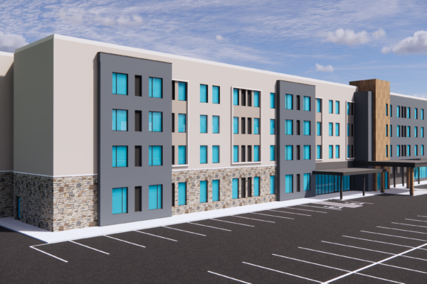 A rendering of the Staybridge Suites hotel planned for Kincardine, Ontario. The building is 4 stories high, modern exterior with wood tones and dark grey with light beige, many windows on the ground floor and exterior ground level parking.