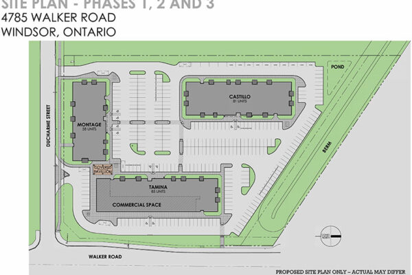 Trinity Gates Condominiums site plan drawing, showing aerial view of the three condo buildings with parking in between and green spaces, a pond, on the corner of Ducharme Street and Walker Road in Windsor, Ontario.